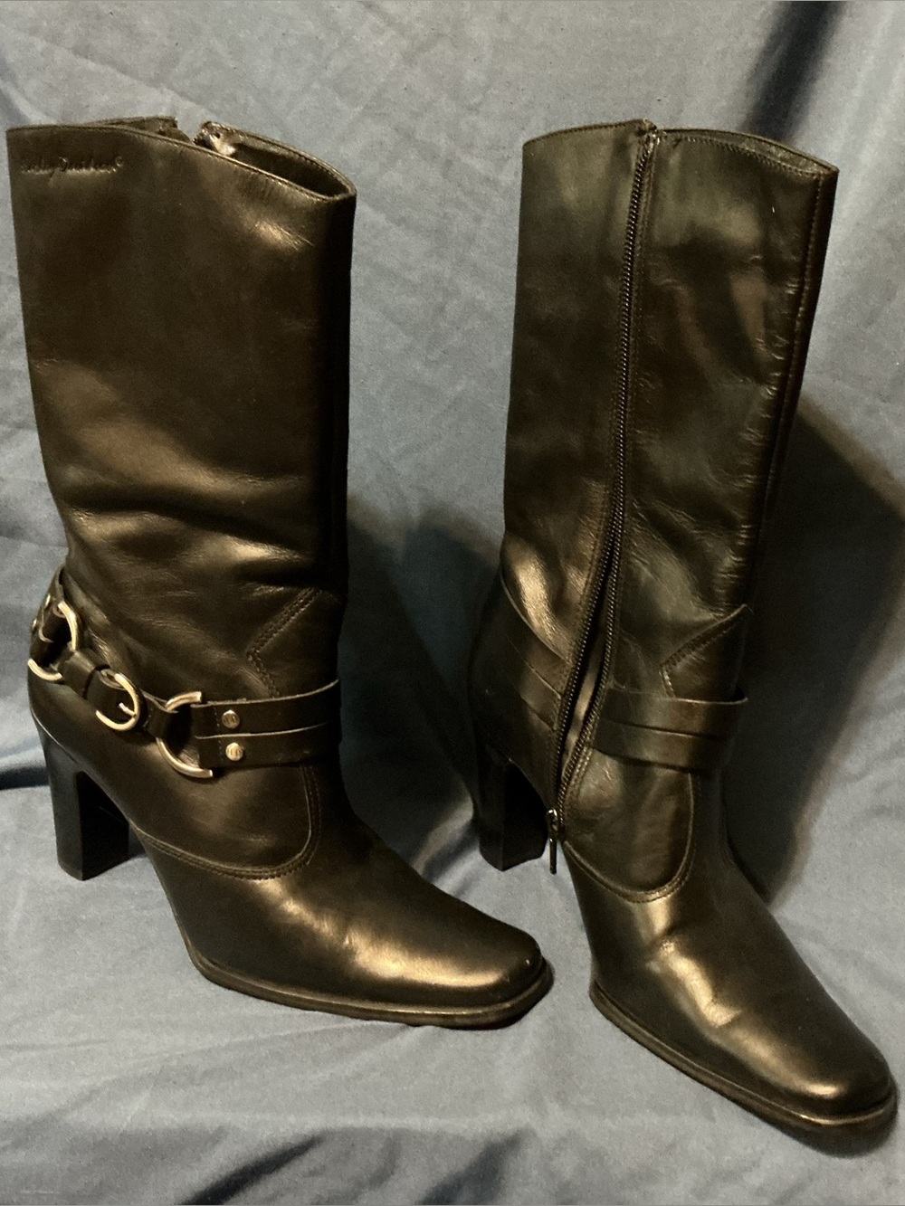 Harley-Davidson Black Leather Mid-Calf Heeled Boots with Hardware